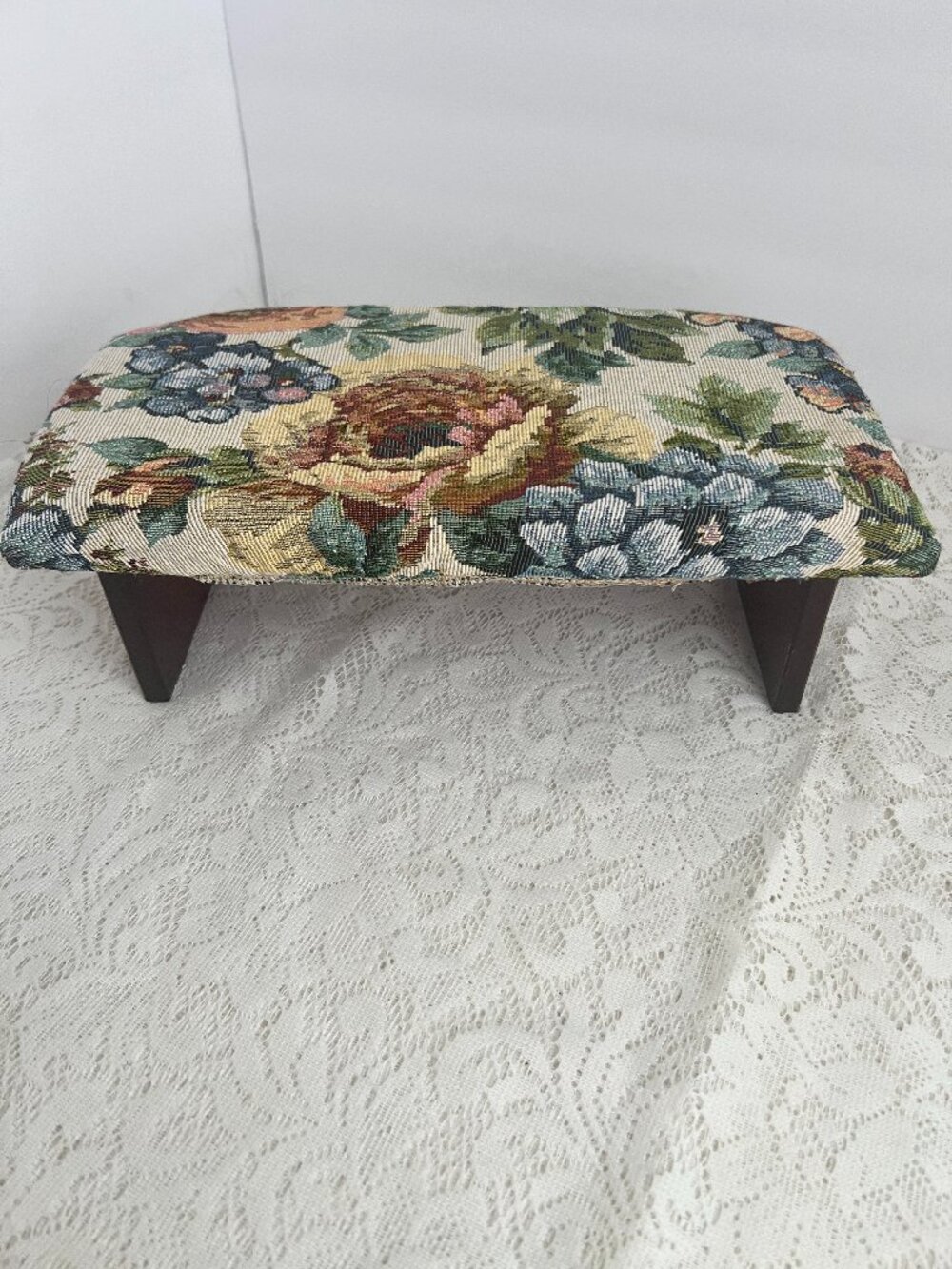 Floral Tapestry Folding Footstool, Small Upholstered Wooden Footrest, Cottage St
